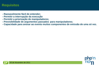 Requisitos - Razoavelmente fácil de entender; - Permitir a interrupção da execução - Permitir a priorização de manipuladores; - Previsibilidade de argumentos passados ​​para manipuladores; - Capacidade para anexar ao evento muitos componentes de emissão de uma só vez.  05 de Novembro de 2011 
