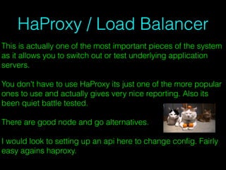 HaProxy / Load Balancer
This is actually one of the most important pieces of the system
as it allows you to switch out or test underlying application
servers.
You don't have to use HaProxy its just one of the more popular
ones to use and actually gives very nice reporting. Also its
been quiet battle tested.
There are good node and go alternatives.
I would look to setting up an api here to change conﬁg. Fairly
easy agains haproxy.
 