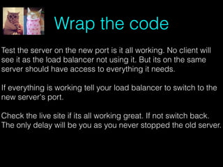 Wrap the code
Test the server on the new port is it all working. No client will
see it as the load balancer not using it. But its on the same
server should have access to everything it needs.
If everything is working tell your load balancer to switch to the
new server's port.
Check the live site if its all working great. If not switch back.
The only delay will be you as you never stopped the old server.
 