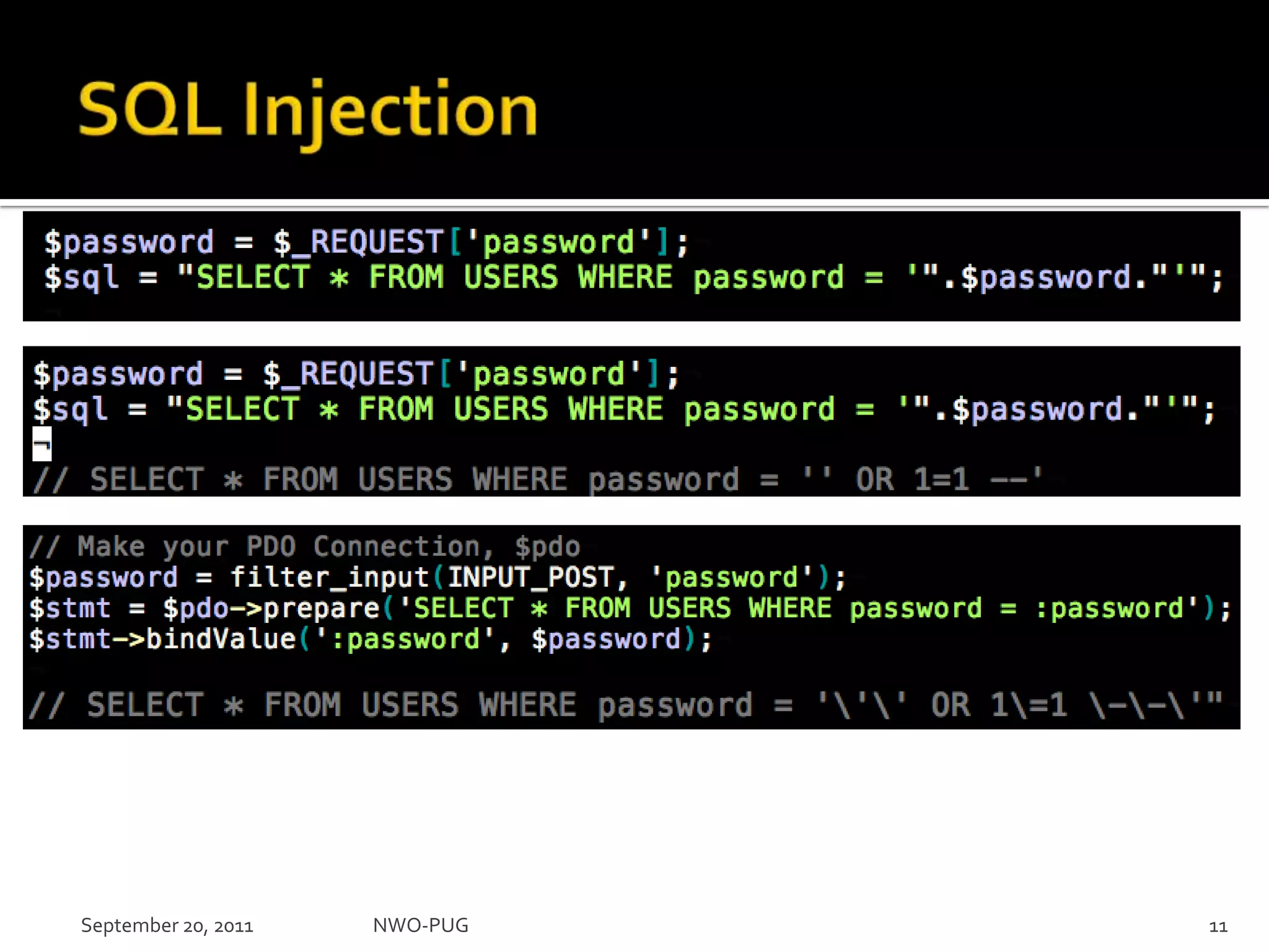 SQL InjectionNWO-PUG 11September 20, 2011