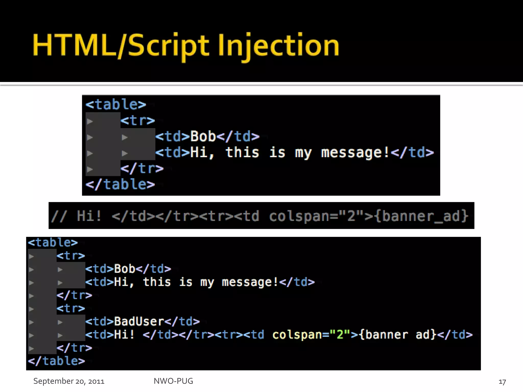 HTML/Script InjectionNWO-PUG 17September 20, 2011