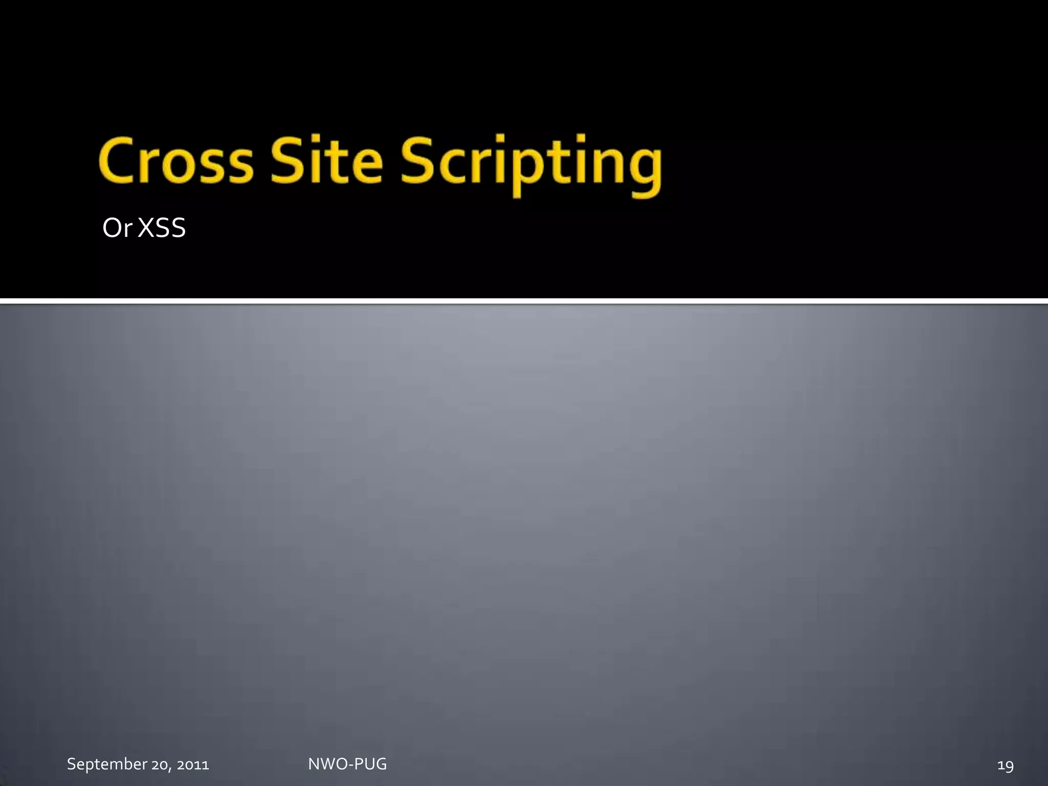 Cross Site ScriptingOr XSSNWO-PUG 19September 20, 2011