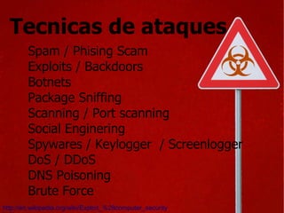 Tecnicas de ataques Spam / Phising Scam Exploits / Backdoors Botnets Package Sniffing Scanning / Port scanning Social Enginering Spywares / Keylogger  / Screenlogger DoS / DDoS  DNS Poisoning Brute Force http://en.wikipedia.org/wiki/Exploit_%28computer_security%29 