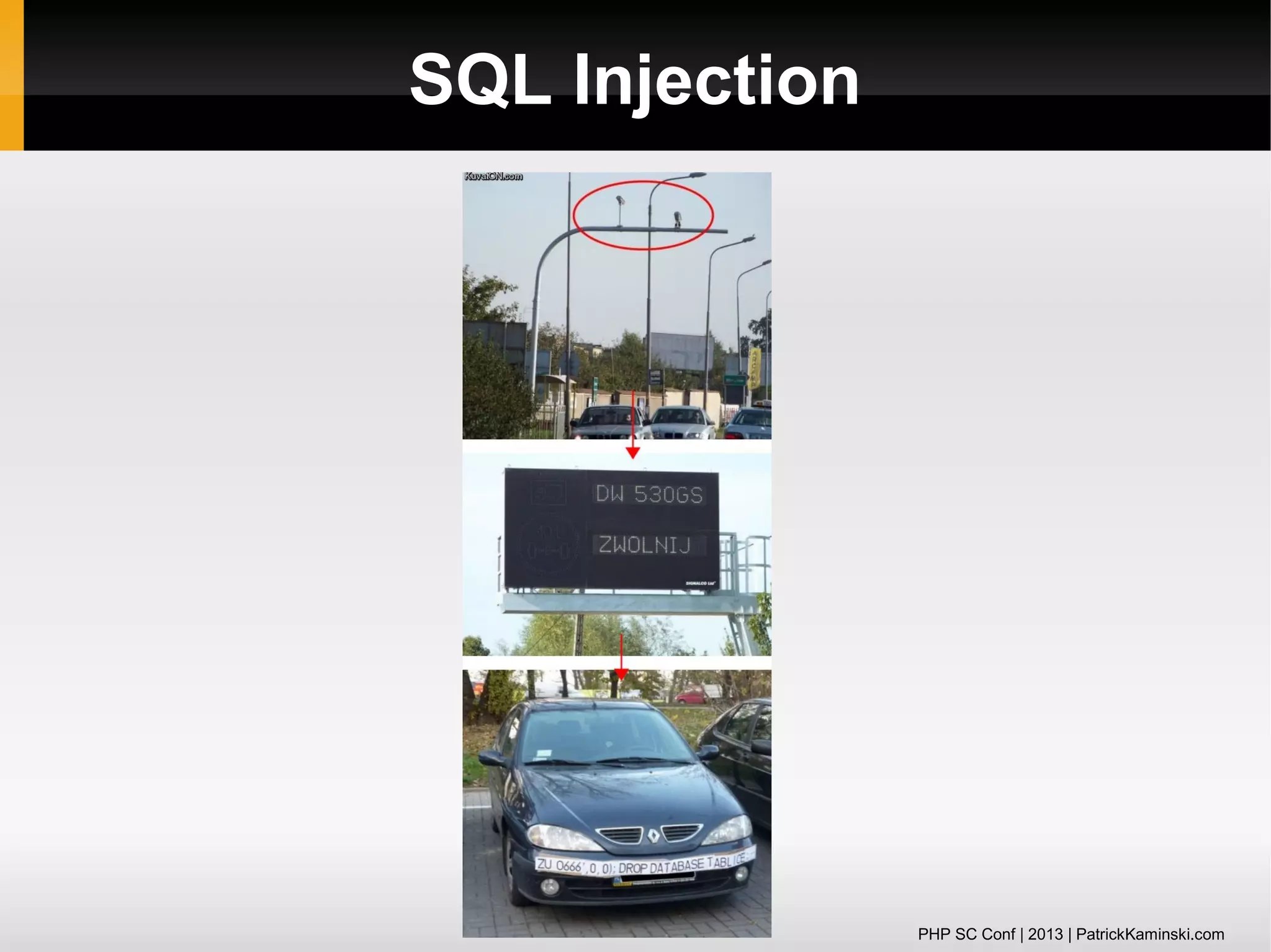 SQL Injection

PHP SC Conf | 2013 | PatrickKaminski.com

 