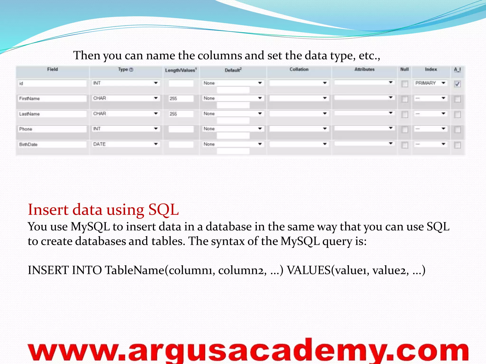 Then you can name the columns and set the data type, etc., 
Insert data using SQL 
You use MySQL to insert data in a database in the same way that you can use SQL 
to create databases and tables. The syntax of the MySQL query is: 
INSERT INTO TableName(column1, column2, ...) VALUES(value1, value2, ...) 
 