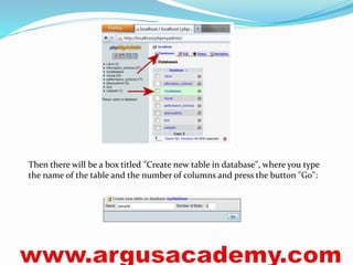 Then there will be a box titled "Create new table in database", where you type 
the name of the table and the number of columns and press the button "Go": 
 