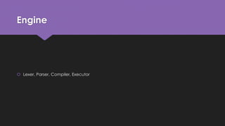 Engine 
 Lexer, Parser, Compiler, Executor 
 