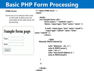Basic PHP Form Processing
HTML Forms
Forms are us to interact with users
on the web. It allow users to
send data to the web server for
processing.
<!–- Basic HTML Form -->
<html>
<body>
<h1>Sample Form</h1>
<form action=“” method=“post”>
Name: <input type=“text” name=“name” />
E-mail: <input type=“text” name=“email”/>
<input type=“submit” value=“Enter”
name=“submit” />
</form>
<?php
if(isset($_POST[‘submit’])){
echo “Welcome <br />”;
echo $_POST[‘name’];
echo “<br />”;
echo “Your Email Address is ”;
echo $_POST[‘email’];
}
?>
</body>
</html>
 