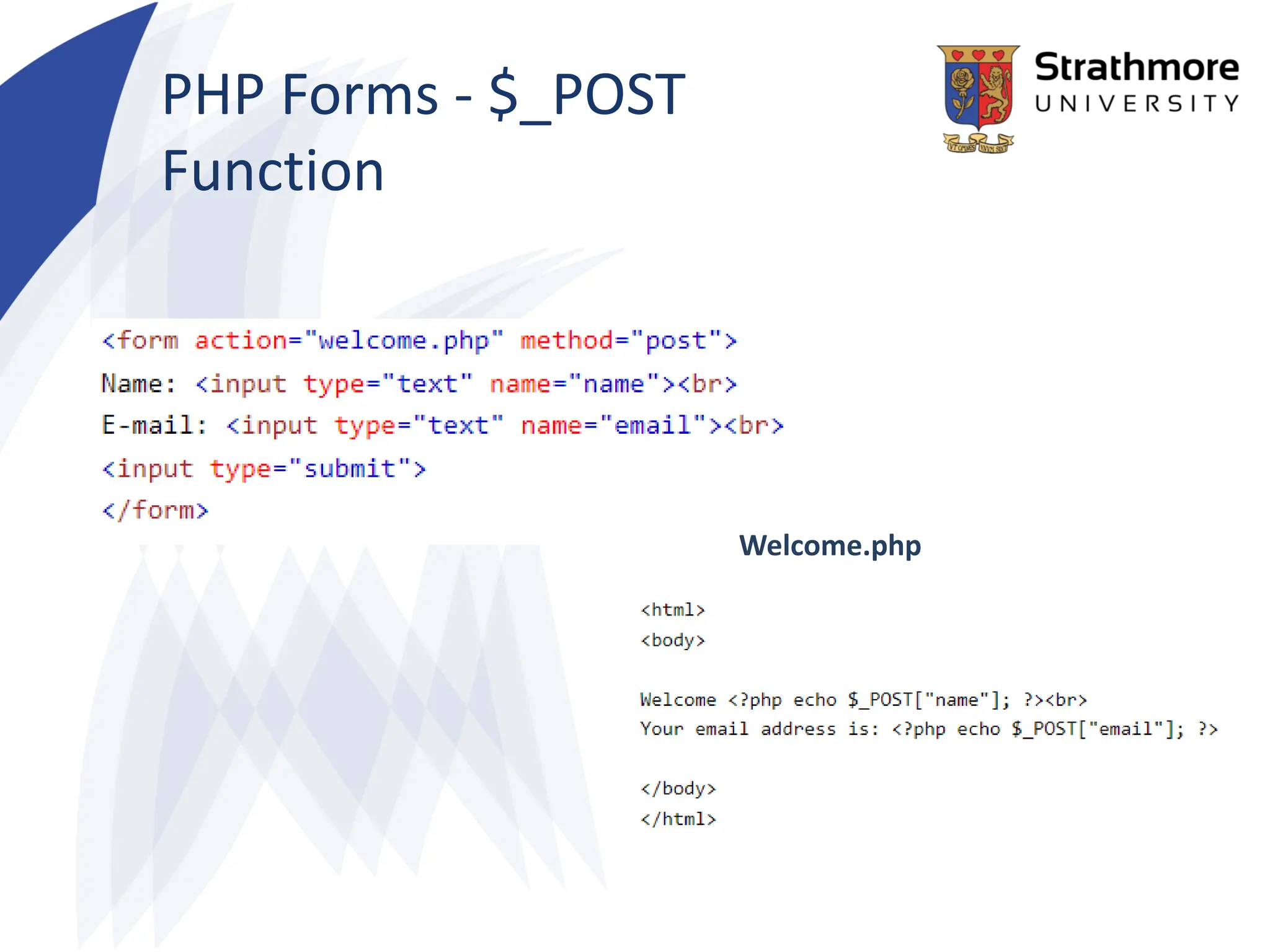 PHP Forms - $_POST
Function
Welcome.php
 