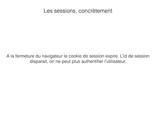 Les sessions, concrètement
A la fermeture du navigateur le cookie de session expire. L’id de session
disparait, on ne peut plus authentiﬁer l’utilisateur.
 