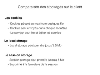 Comparaison des stockages sur le client
- Cookies pèsent au maximum quelques Ko
- Cookies sont envoyés dans chaque requêtes
- Le serveur peut lire et éditer les cookies
Les cookies
- Local storage peut prendre jusqu’à 5 Mo
Le local storage
- Session storage peut prendre jusqu’à 5 Mo
Le session storage
- Supprimé à la fermeture de la session
 