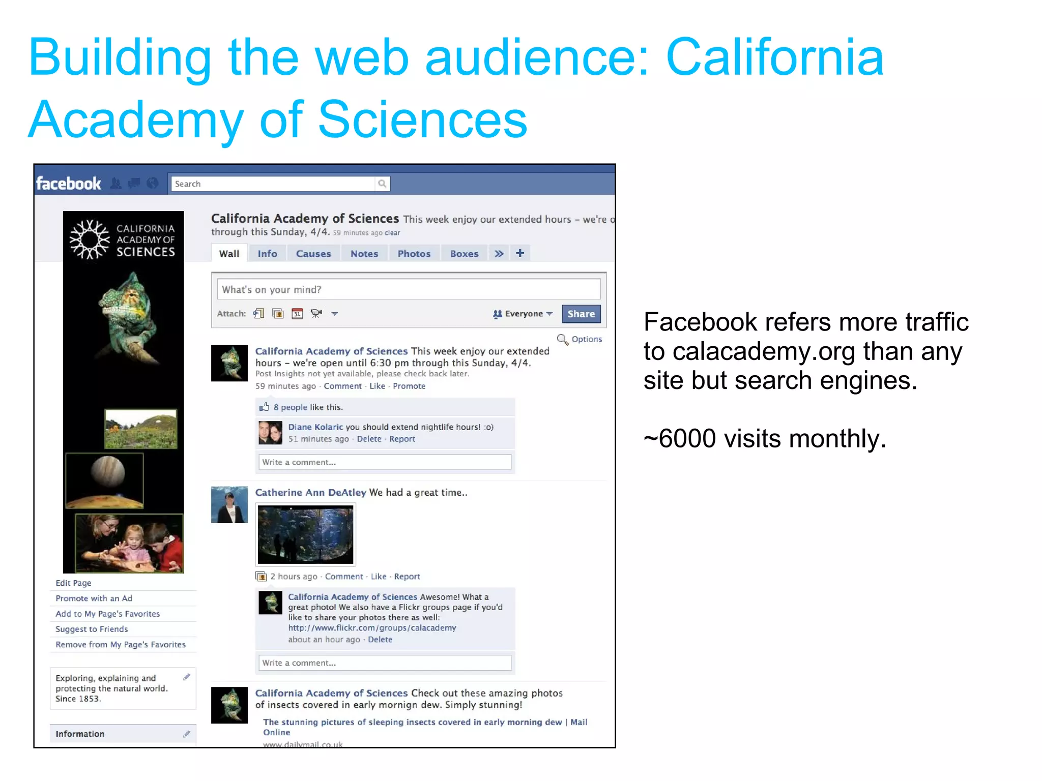 Facebook refers more traffic to calacademy.org than any site but search engines.  ~6000 visits monthly. Building the web audience: California Academy of Sciences 