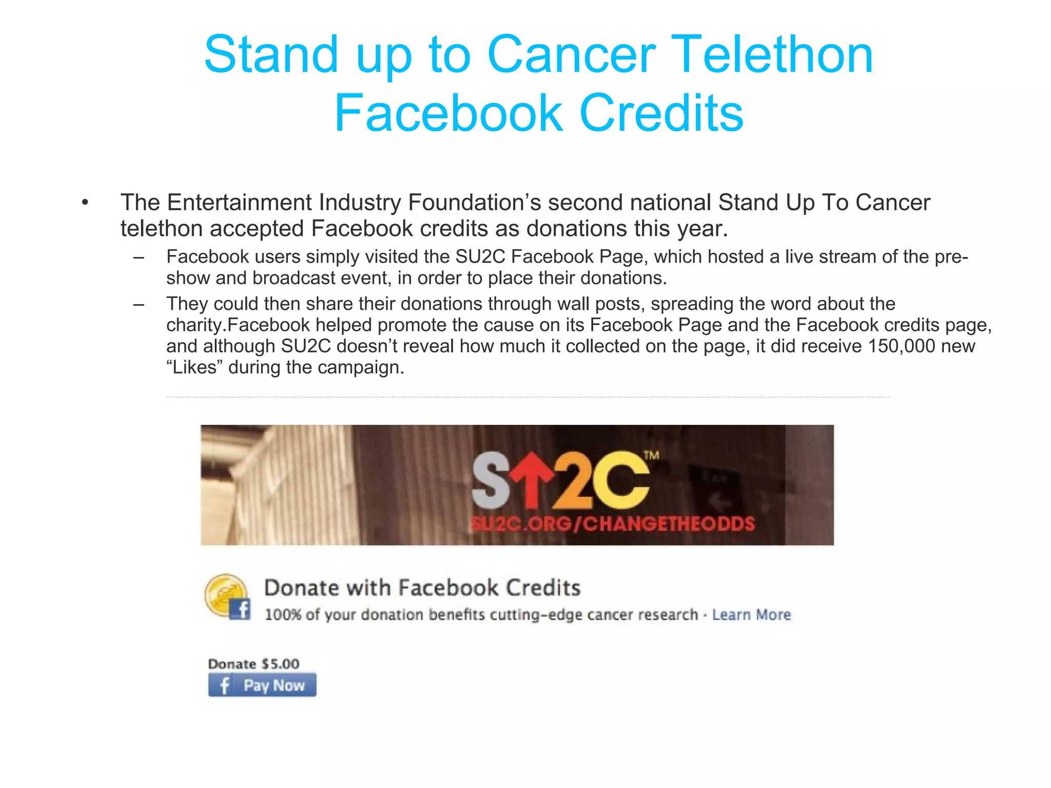 Stand up to Cancer Telethon Facebook Credits The Entertainment Industry Foundation’s second national Stand Up To Cancer telethon accepted Facebook credits as donations this year.  Facebook users simply visited the SU2C Facebook Page, which hosted a live stream of the pre-show and broadcast event, in order to place their donations.  They could then share their donations through wall posts, spreading the word about the charity.Facebook helped promote the cause on its Facebook Page and the Facebook credits page, and although SU2C doesn’t reveal how much it collected on the page, it did receive 150,000 new “Likes” during the campaign. 