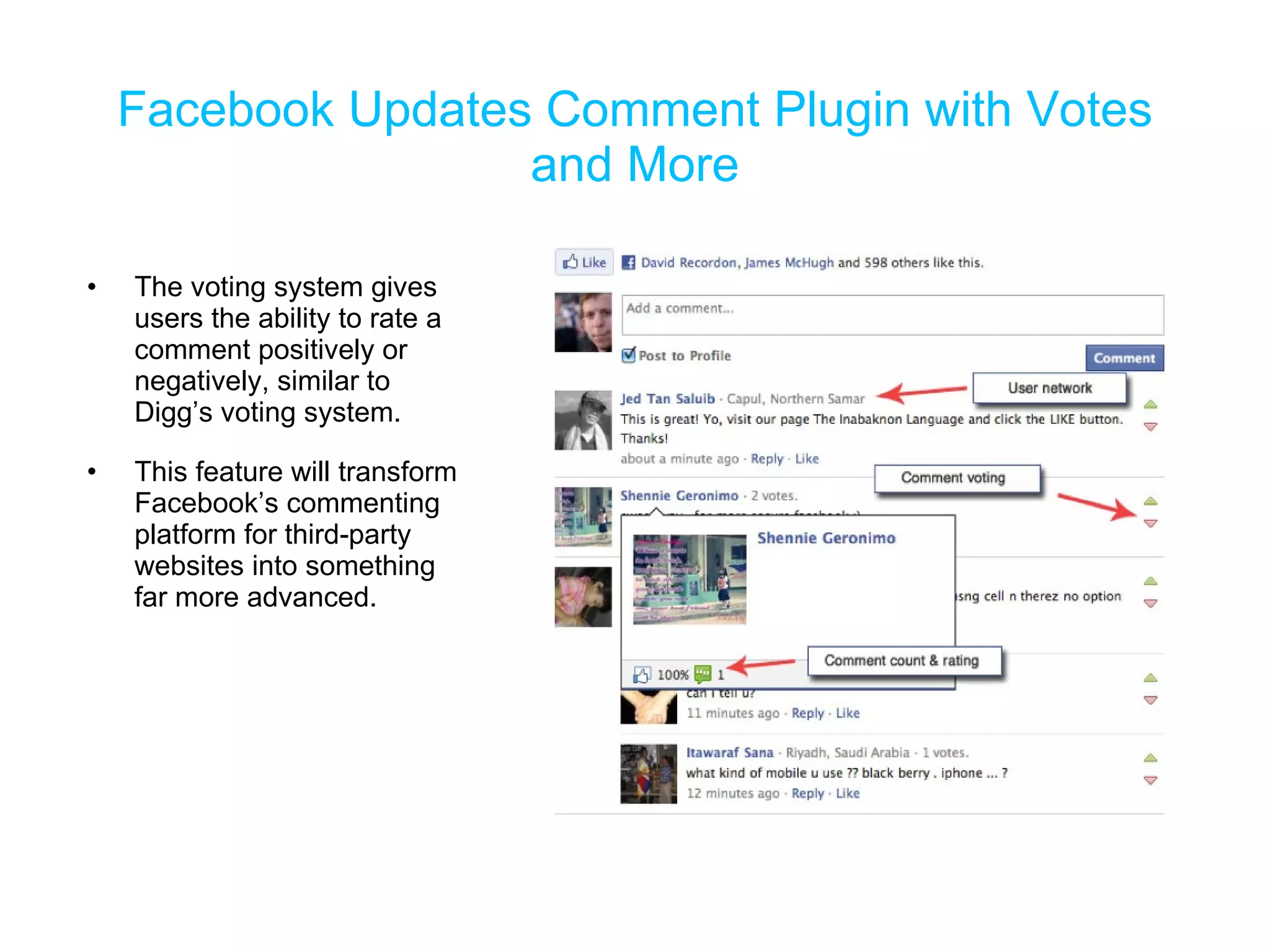Facebook Updates Comment Plugin with Votes and More The voting system gives users the ability to rate a comment positively or negatively, similar to Digg’s voting system.  This feature will transform Facebook’s commenting platform for third-party websites into something far more advanced. 