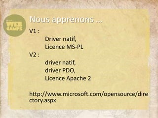 Nous apprenons …
V1 :
Driver natif,
Licence MS-PL
V2 :
driver natif,
driver PDO,
Licence Apache 2
http://www.microsoft.com/opensource/dire
ctory.aspx
 