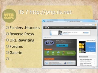 IIS ? http://php.iis.net
Fichiers .htaccess
Reverse Proxy
URL Rewriting
Forums
Galerie
…
 