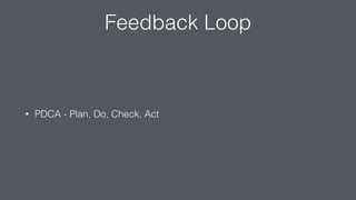 Feedback Loop
• PDCA - Plan, Do, Check, Act
 