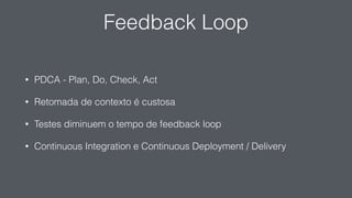 Feedback Loop
• PDCA - Plan, Do, Check, Act
• Retomada de contexto é custosa
• Testes diminuem o tempo de feedback loop
• Continuous Integration e Continuous Deployment / Delivery
 