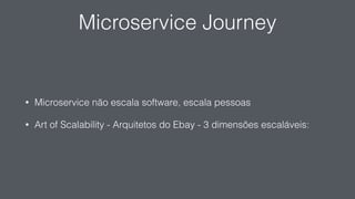 Microservice Journey
• Microservice não escala software, escala pessoas
• Art of Scalability - Arquitetos do Ebay - 3 dimensões escaláveis:
 