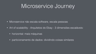 Microservice Journey
• Microservice não escala software, escala pessoas
• Art of scalability - Arquitetos do Ebay - 3 dimensões escaláveis:
• horizontal: mais máquinas
• particionamento de dados: dividindo coisas similares
 