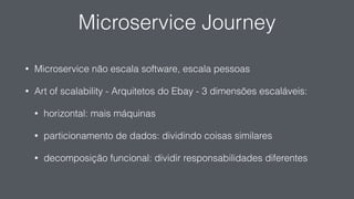 Microservice Journey
• Microservice não escala software, escala pessoas
• Art of scalability - Arquitetos do Ebay - 3 dimensões escaláveis:
• horizontal: mais máquinas
• particionamento de dados: dividindo coisas similares
• decomposição funcional: dividir responsabilidades diferentes
 