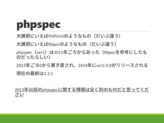 phpspec
jѤˤPHPUnitΤ褦ʤΣ`
jѤˤRSpecΤ褦ʤΣ`
phpspecver12011ꤴ餢äRSpecοˤ
Τä餷
2013ꤴ0ֱ졢2014ver2.0.0`
Fڤ¤2.2.1
2013ǰphpspecvȫeΤΤ˼äƤ

 