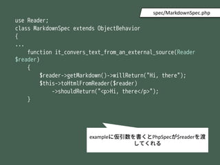 use Reader;
class MarkdownSpec extends ObjectBehavior
{
...
function it_convers_text_from_an_external_source(Reader
$reader)
{
$reader->getMarkdown()->willReturn("Hi, there");
$this->toHtmlFromReader($reader)
->shouldReturn("<p>Hi, there</p>");
}
spec/MarkdownSpec.php
exampleˁPhpSpec$reader
Ƥ
 