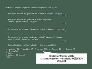 C:?Users?ishida?src?phpspec>vendor?bin?phpspec run --fake
...
Would you like me to generate an interface `Reader` for you?
[Y/n]
...
Would you like me to generate a method signature
`Reader::getMarkdown()` for you?
[Y/n]
...
Do you want me to create `Markdown::toHtmlFromReader()` for you?
[Y/n]
...
Do you want me to make `Markdown::toHtmlFromReader()` always
return '<p>Hi, there</p>' for you?
[Y/n]
Method Markdown::toHtmlFromReader() has been modified.
/ skipped: 0% / pending: 0% / passed: 100% / failed: 0% / broken: 0%
/ 3 examples
1 specs
3 examples (3 passed)
43ms
Reader::getMarkdown()
Makkdown::toHtmlFromReader()΁gװ
Ԅ
 