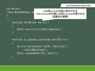 use Writer;
class MarkdownSpec extends ObjectBehavior
{
...
function let(Writer $writer)
{
$this->beConstructedWith($writer);
}
function it_outputs_converted_text($writer)
{
$writer->writeText("<p>Hi, there</p>")
->shouldBeCalled();
$this->outputHtml("Hi, there");
}
spec/MarkdownSpec.php
letϸexampleǰˌgФ
letexampleˤͬ$writerɤ
Ҫ
 