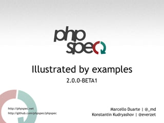 Illustrated by examples
2.0.0-BETA1
http://phpspec.net
http://github.com/phpspec/phpspec
Marcello Duarte | @_md
Konstantin Kudryashov | @everzet
 