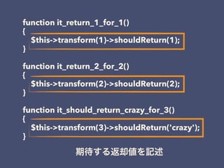 function it_return_1_for_1()
{
$this->transform(1)->shouldReturn(1);
}
function it_return_2_for_2()
{
$this->transform(2)->shouldReturn(2);
}
function it_should_return_crazy_for_3()
{
$this->transform(3)->shouldReturn('crazy');
}
期待する返却値を記述
 