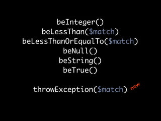beInteger()
     beLessThan($match)
beLessThanOrEqualTo($match)
           beNull()
          beString()
           beTrue()

                           w
  throwException($match) ne
 