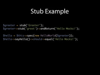 Stub Example
$greeter = stub('Greeter');
$greeter->stub('greet')->andReturn('Hello Mocks!');

$hello = $this->spec(new HelloWorld($greeter));
$hello->sayHello()->should->equal('Hello Mocks!');
 