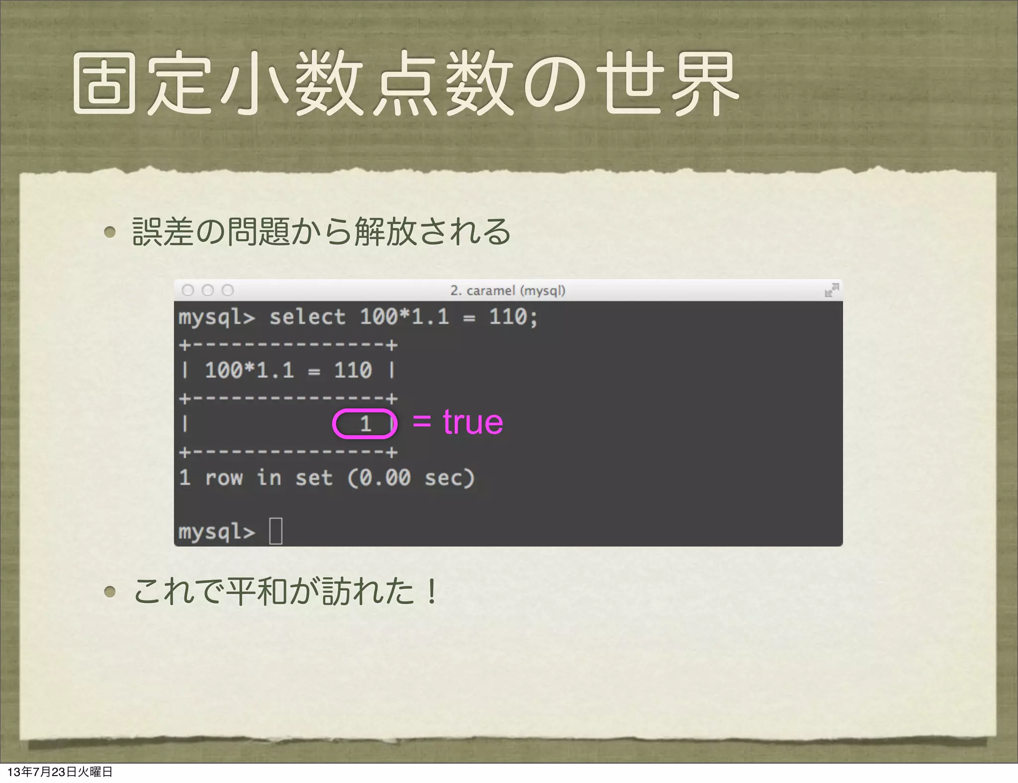 固定小数点数の世界
誤差の問題から解放される
これで平和が訪れた！
= true
13年7月23日火曜日
 