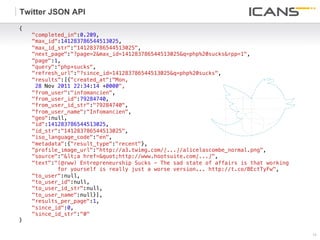 Twitter JSON API
{!
     "completed_in":0.209,!
     "max_id":141283786544513025,!
     "max_id_str":"141283786544513025",!
     "next_page":"?page=2&max_id=141283786544513025&q=php%20sucks&rpp=1",!
     "page":1,!
     "query":"php+sucks",!
     "refresh_url":"?since_id=141283786544513025&q=php%20sucks",!
     "results":[{"created_at":"Mon,!
      28 Nov 2011 22:34:14 +0000",!
     "from_user":"infomancien",!
     "from_user_id":79284740,!
     "from_user_id_str":"79284740",!
     "from_user_name":"Infomancien",!
     "geo":null,!
     "id":141283786544513025,!
     "id_str":"141283786544513025",!
     "iso_language_code":"en",!
     "metadata":{"result_type":"recent"},!
     "profile_image_url":"http://a3.twimg.com/[...]/alicelascombe_normal.png",!
     "source":"<a href="http://www.hootsuite.com[...]",!
     "text":"(@rww) Entrepreneurship Sucks - The sad state of affairs is that working !
             for yourself is really just a worse version... http://t.co/BEctTyFw",!
     "to_user":null,!
     "to_user_id":null,!
     "to_user_id_str":null,!
     "to_user_name":null}],!
     "results_per_page":1,!
     "since_id":0,!
     "since_id_str":"0"!
}!

                                                                                          14	
  
                                                                                          14
 