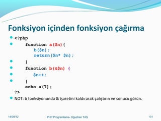 Fonksiyon içinden fonksiyon çağırma
 <?php







function a($n){
b($n);
return($n* $n);
}
function b(&$n) {
$n++;
}
echo a(7);

?>
 NOT: b fonksiyonunda & işaretini kaldırarak çalıştırın ve sonucu görün.

11/02/14

PHP Programlama- Oğuzhan TAŞ

101

 