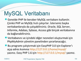 MySQL Veritabanı
Genelde PHP ile beraber MySQL veritabanı kullanılır.

Çünkü PHP ve MySQL hızlı çalışırlar. İsterseniz başka
veritabanlarıyla da çalışabilirsiniz. Oracle, SQL Server,
Informix, Adabas, Sybase, Access gibi birçok veritabanına
da bağlanabilirsiniz.
Veritabanını ve içindeki diğer nesneleri oluşturmak için
PhpMyAdmin yönetim panelinden yararlanacağız.
Bu programı çalıştırmak için EasyPHP 3.0 için Explorer’ı
açıp adres kısmına http://127.0.0.1/home/mysql/
yazınız. Easy PHP 1.6 için http://127.0.0.1/mysql/ yazınız.
11/02/14

PHP Programlama- Oğuzhan TAŞ

103

 