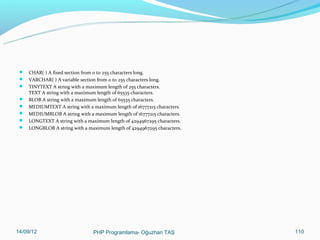 








CHAR( ) A fixed section from 0 to 255 characters long.
VARCHAR( ) A variable section from 0 to 255 characters long.
TINYTEXT A string with a maximum length of 255 characters.
TEXT A string with a maximum length of 65535 characters.
BLOB A string with a maximum length of 65535 characters.
MEDIUMTEXT A string with a maximum length of 16777215 characters.
MEDIUMBLOB A string with a maximum length of 16777215 characters.
LONGTEXT A string with a maximum length of 4294967295 characters.
LONGBLOB A string with a maximum length of 4294967295 characters.

11/02/14

PHP Programlama- Oğuzhan TAŞ

110

 