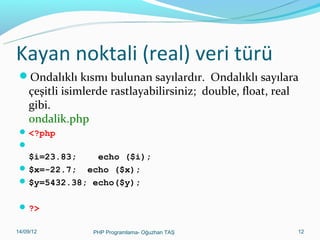 Kayan noktali (real) veri türü
Ondalıklı kısmı bulunan sayılardır. Ondalıklı sayılara

çeşitli isimlerde rastlayabilirsiniz; double, float, real
gibi.
ondalik.php

 <?php


$i=23.83;
echo ($i);
 $x=-22.7; echo ($x);
 $y=5432.38; echo($y);
 ?>
11/02/14

PHP Programlama- Oğuzhan TAŞ

12

 