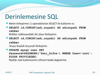 Resim Yükleme (2)
 if (!isset($msg))

{
$data = file_get_contents($_FILES['photo']['tmp_name']);
$data = mysql_real_escape_string($data);
mysql_query("INSERT INTO {$table}
SET ext='$ext', title='$title', data='$data'");
$msg = Basarili resim yuklendi…';
}
}

11/02/14

PHP Programlama- Oğuzhan TAŞ

129

 