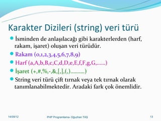 Karakter Dizileri (string) veri türü
İsminden de anlaşılacağı gibi karakterlerden (harf,

rakam, işaret) oluşan veri türüdür.
Rakam (0,1,2,3,4,5,6,7,8,9)
Harf (a,A,b,B,c,C,d,D,e,E,f,F,g,G,……)
İşaret (+,#,%,-,&,[,],(,)……….)
String veri türü çift tırnak veya tek tırnak olarak
tanımlanabilmektedir. Aradaki fark çok önemlidir.

11/02/14

PHP Programlama- Oğuzhan TAŞ

13

 
