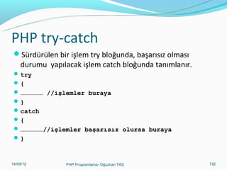 Derinlemesine SQL
 Metin birleştirme || operatörünün SELECT ile kullanımı vs.
 SELECT id,CONCAT(adi,soyadi) AS adisoyadi FROM

rehber
Rehber tablosundaki iki alanı birleştirir.
 SELECT id,CONCAT(adi,soyadi) AS adisoyadi FROM
rehber
Araya boşluk koyarak birleştirir.
 UPDATE mysql.user SET
Password=PASSWORD(‘Yeni_Sifre') WHERE User='root';
FLUSH PRIVILEGES;
MySQL root kullanicisinin sifresini kodla degistirme.

11/02/14

PHP Programlama- Oğuzhan TAŞ

132

 