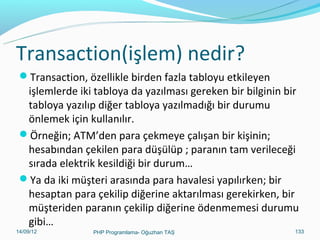 Derinlemesine SQL
Diğer tablodaki e-mail listesine baz alarak ana

tabloyu silme.
DELETE FROM
anatablo WHERE email IN
(SELECT email FROM mailtablo)
Boş kayıtları silme

DELETE from fatura where ADI is NULL;

11/02/14

PHP Programlama- Oğuzhan TAŞ

133

 