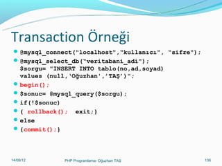 Transaction(işlem) nedir?
Transaction, özellikle birden fazla tabloyu etkileyen

işlemlerde iki tabloya da yazılması gereken bir bilginin bir
tabloya yazılıp diğer tabloya yazılmadığı bir durumu
önlemek için kullanılır.
Örneğin; ATM’den para çekmeye çalışan bir kişinin;
hesabından çekilen para düşülüp ; paranın tam verileceği
sırada elektrik kesildiği bir durum…
Ya da iki müşteri arasında para havalesi yapılırken; bir
hesaptan para çekilip diğerine aktarılması gerekirken, bir
müşteriden paranın çekilip diğerine ödenmemesi durumu
gibi…

11/02/14

PHP Programlama- Oğuzhan TAŞ

136

 