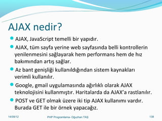 MySQL PHP Transaction
İşin mantığı şöyledir;
 Transaction_baslat(); //işlem başlasın
 try{

Tablo1’e yaz();
Tablo2’e yaz();
Tablo3’ü sil();
…………
Transaction_onayla(); //işlem başarılı onayla
}

except
{
Transaction_gerial(); //işlemin başarısız, geri al
}
11/02/14

PHP Programlama- Oğuzhan TAŞ

138

 