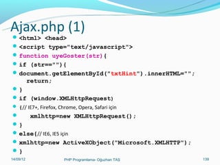 Transaction Örneği
 @mysql_connect("localhost",“kullanıcı", “sifre");
 @mysql_select_db(“veritabani_adi");

$sorgu= "INSERT INTO tablo(no,ad,soyad)
values (null,‘Oğuzhan',’TAŞ’)";
 begin();
 $sonuc= @mysql_query($sorgu);
 if(!$sonuc)
 { rollback(); exit;}
 else
 {commit();}

11/02/14

PHP Programlama- Oğuzhan TAŞ

139

 