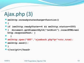 AJAX nedir?
AJAX, JavaScript temelli bir yapıdır.
AJAX, tüm sayfa yerine web sayfasında belli kontrollerin

yenilenmesini sağlayarak hem performans hem de hız
bakımından artış sağlar.
Az bant genişliği kullanıldığından sistem kaynakları
verimli kullanılır.
Google, gmail uygulamasında ağırlıklı olarak AJAX
teknolojisini kullanmıştır. Haritalarda da AJAX’a rastlanılır.
POST ve GET olmak üzere iki tip AJAX kullanımı vardır.
Burada GET ile bir örnek yapacağız.
11/02/14

PHP Programlama- Oğuzhan TAŞ

141

 