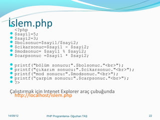 İslem.php


<?php
 $sayi1=5;
 $sayi2=3;
 $bolsonuc=$sayi1/$sayi2;
 $cikarsonuc=$sayi1 - $sayi2;
 $modsonuc= $sayi1 % $sayi2;
 $carpsonuc =$sayi1 * $sayi2;
 printf("bölüm sonucu:".$bolsonuc."<br>");
 printf("çıkarım sonucu:".$cikarsonuc."<br>");
 printf("mod sonucu:".$modsonuc."<br>");
 printf(“çarpim sonucu:".$carpsonuc."<br>");
 ?>

Çalıştırmak için Intenet Explorer araç çubuğunda
http://localhost/islem.php

11/02/14

PHP Programlama- Oğuzhan TAŞ

22

 